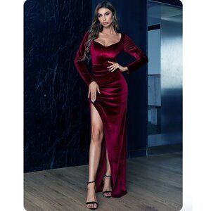 Burgundy Stretch Velore Sheath Long Sleeve Maxi Dress XLarge